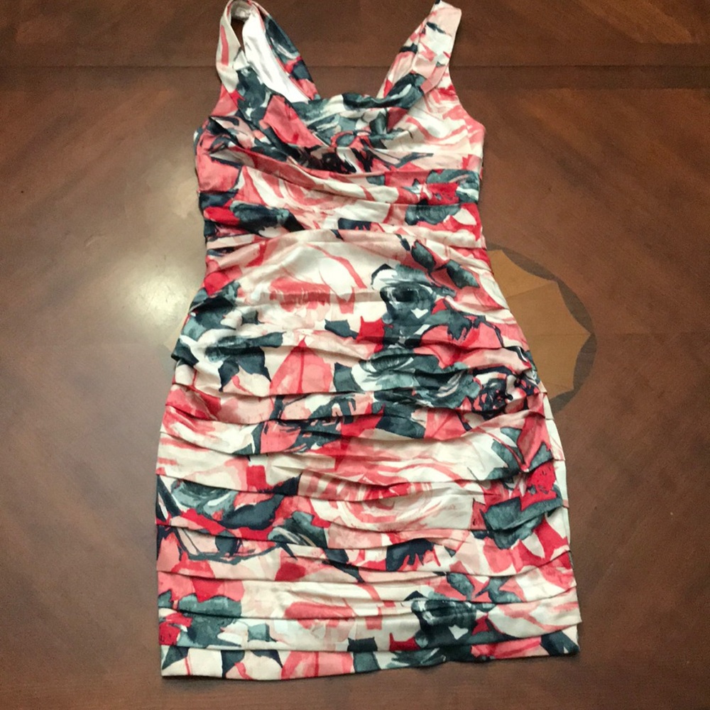 Express Floral Ruched Mini Dress in Coral, Navy & White